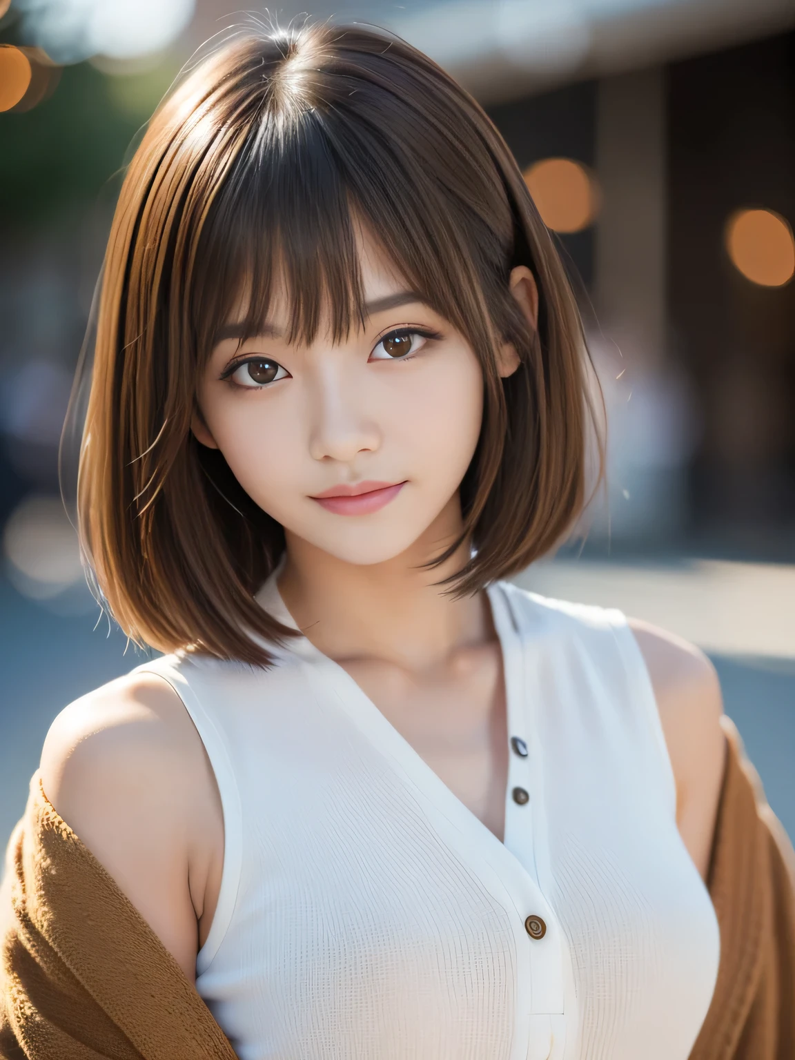 masterpiece, best quality, ultra-detailed, intricately detailed hyperdetailed, realistic, sharp features, highly detailed, sharp focus, 15 years old, (Japanese idol), perfect face, perfect symmetrically perfect eyes, perfect full lips, flexible female form, film light, hyper detailed, hyper realistic, high resolution, vibrant, dynamic studio lighting, short hair, Brown Hair, Shoulder Length Layered, asymmetrical bangs, brown Eyes, (Impish Smile:1.2),  cowboy shot,
