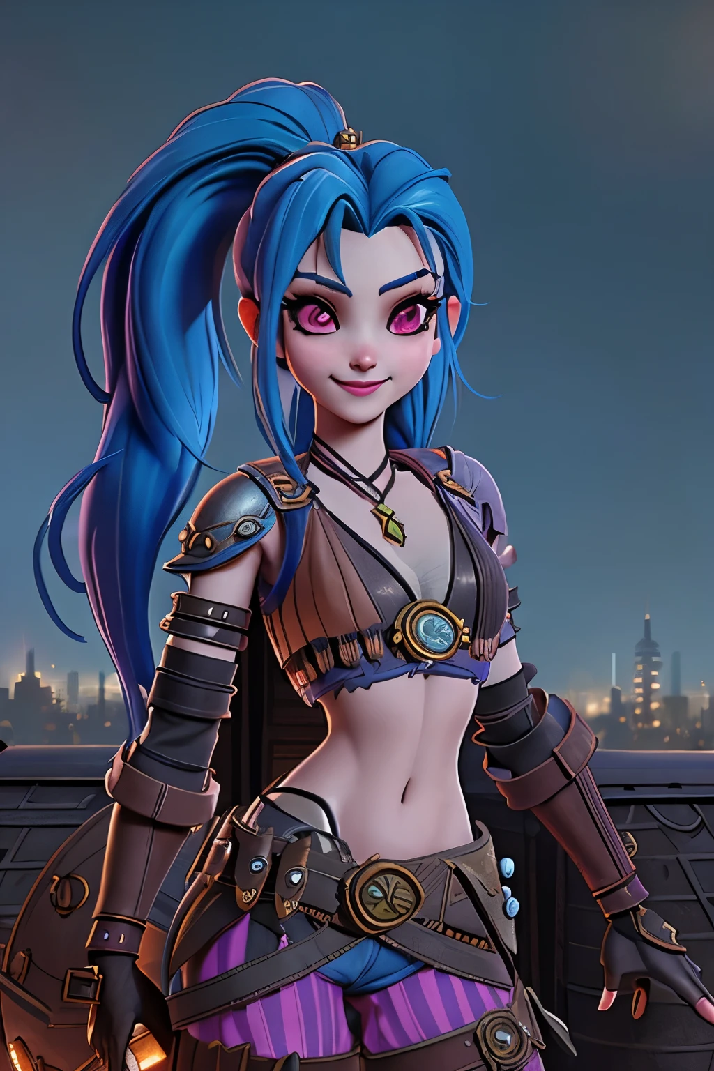 close up 1girl in, Jinx, league of legends, teenager, Solo, long ponytails, blue hair, super long blue hair, pale skin, full medium breasts, cleavage, runners body, (thin hips, thin waist: 1.25), (arched back:1.12), detailed skin, neutral face, mischievous smile, revealing clothes, (wearing cropped chest armor, armored short shorts, armored boots: 1.1), (detailed steampunk city background:1.1), dark rooftop, overlooking apocalyptic city, 4k textures, soft light, elegant, highly detailed, sharp focus, soothing tones, insane details, intricate details, hyperdetailed, low contrast, exposure blend, hdr, faded