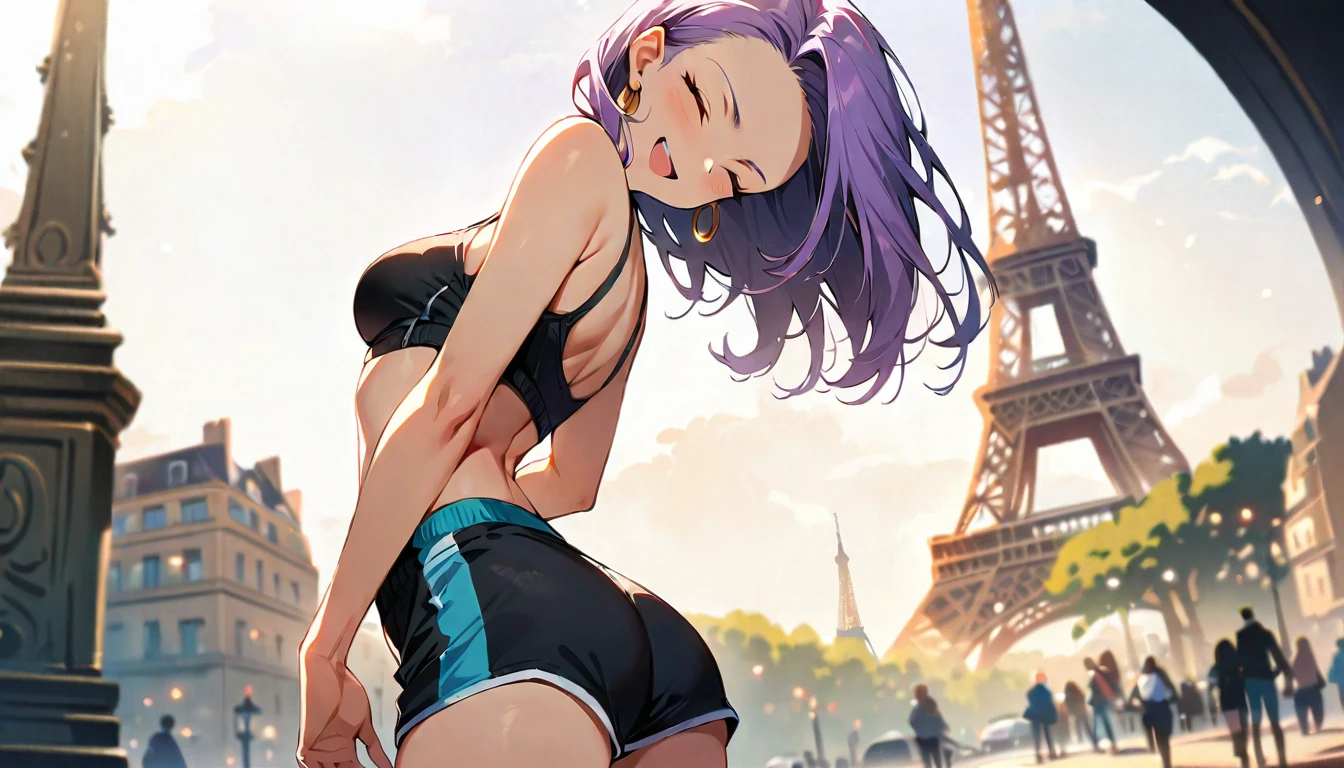 (masterpiece, best quality:1.2), solo, Android 18 from Dragon Ball, ((crop sport bra)), (short dolphin shorts), medium breasts, short purple hair loose, ((close eyes)), earrings on earlobes, slender feminine figure, narrow waistline, skinny body, sky, head tilt, looking at viewer, light blush, shot from behind, looking back, back view, crossed arms, walking, the Eiffel Tower, outside, natural lighting and shadows, magnificent view, blur background, 4K, open mouth, smile