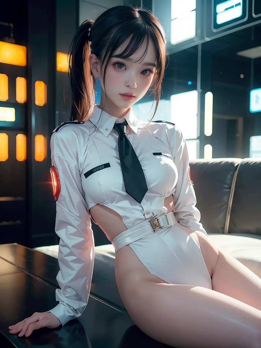 (1girl:1.3), solo, __body parts__ delicate and realistic skin, pale skin, big, official art, unified 16k wallpaper, ultra detail, beauty and aesthetics, beauty, masterpiece, best quality, in cyberpunk city, fantastic atmosphere, calm color palette, peaceful mood, soft shadows, flight attendant uniform, glamour