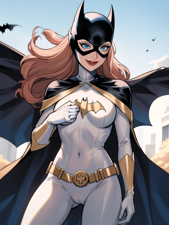 BarbaraG, 1girl, solo, long white cape, white mask, belt, white gloves, blue eyes, superhero, long hair, grey bodysuit, lipstick, batgirl, park, smile, cape under her shoulders