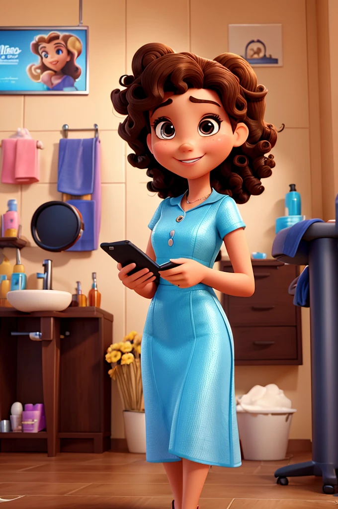 3D poster inspired by Disney Pixar, with An elegant woman, beautician, 35 years old, brown eyes and brown curly hair, happy smile, In beautician clothes, she is looking at her cell phone in her treatment room