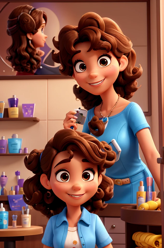 3D poster inspired by Disney Pixar, with An elegant woman, beautician, 35 years old, brown eyes and brown curly hair, happy smile, In beautician clothes, she is looking at her cell phone in her treatment room
