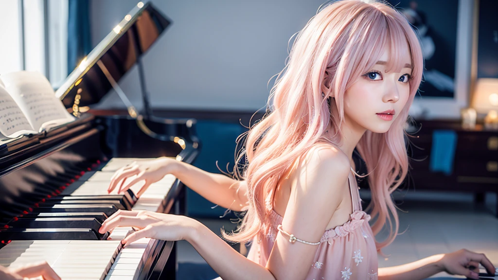 playing piano.Ai Hoshino, beige pink hair, Blue Hair,Long Hair, favorite , Beautiful, shining eyes, Stars in my eyes, Idol,Long pink hair