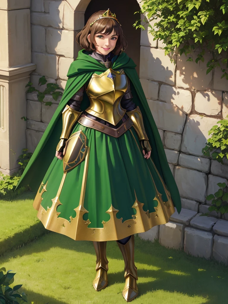 masterpiece, best quality:1.2), 1girl, smile, looking at viewer, green eyes, short brown hair, princess, armor, , pauldrons, armored dress, green cloak cape, wearing puffy blue ballgown skirt, golden tiara with green gem, armored boots, fingerless gloves, standing in medieval garden