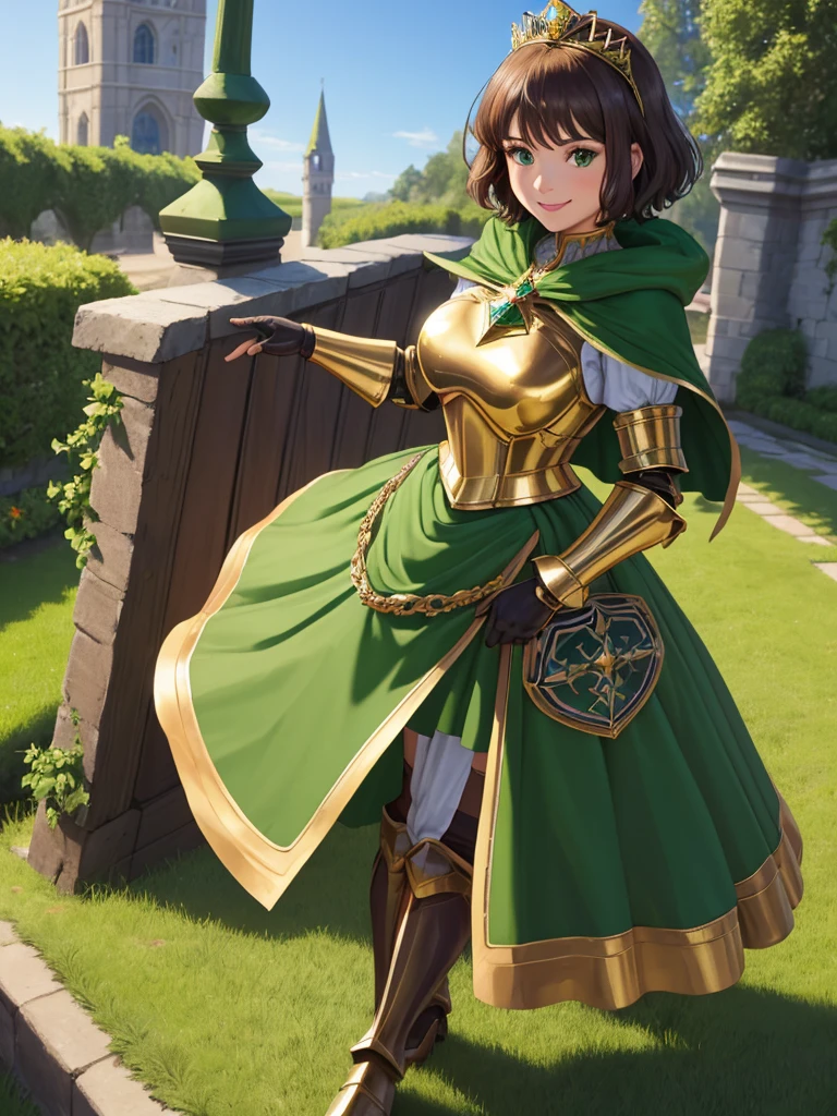 masterpiece, best quality:1.2), 1girl, smile, looking at viewer, green eyes, short brown hair, princess, armor, , pauldrons, armored dress, green cloak cape, wearing puffy blue ballgown skirt, golden tiara with green gem, armored boots, fingerless gloves, standing in medieval garden