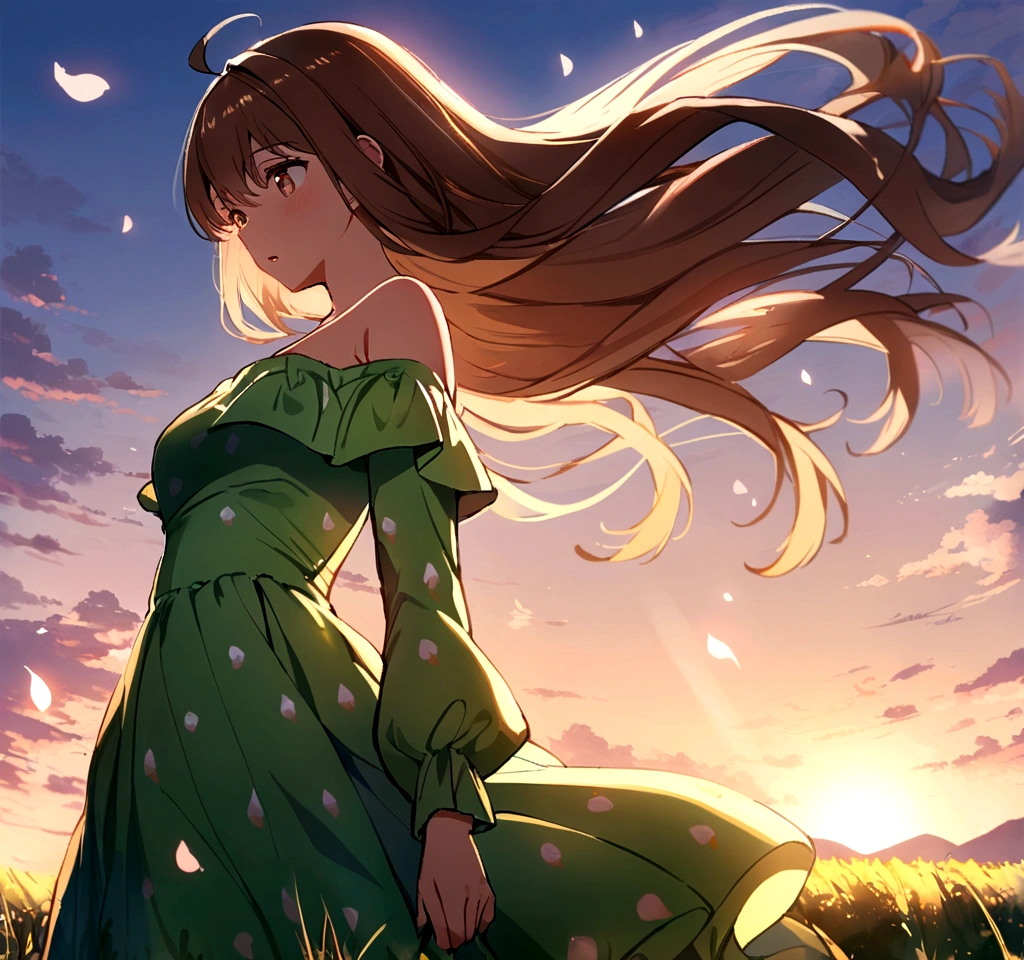 anime, 1other, solo, ahoge, brown eyes, brown hair, dappled sunlight, dress, field, floating hair, food print, from below, glowing, glowing petals, green dress, long hair, long sleeves, looking down, off shoulder, off-shoulder dress, outdoors, parted lips, petals, print dress, print dress, sunlight, sunset, sunlight, masterpiece, best quality