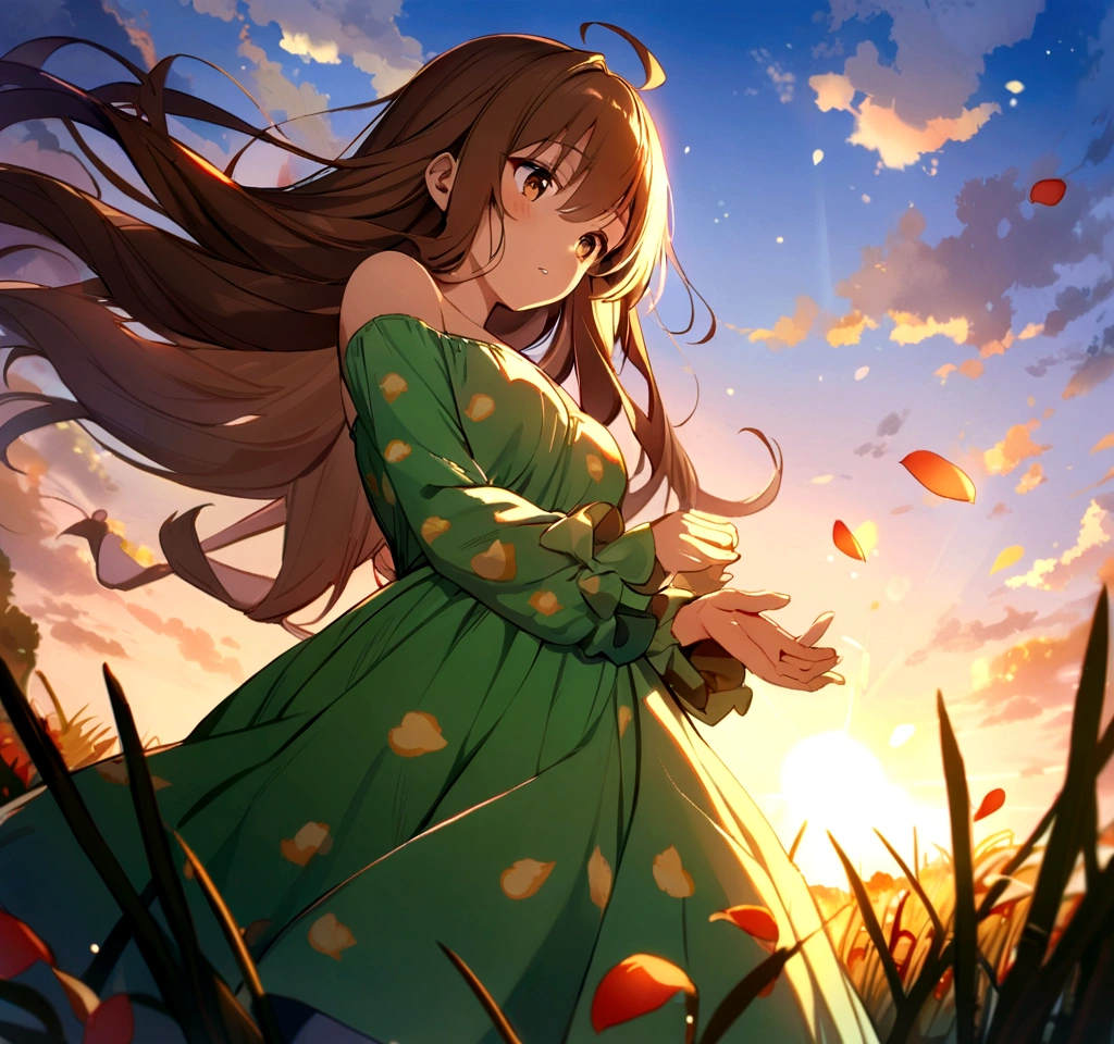 anime, 1other, solo, ahoge, brown eyes, brown hair, dappled sunlight, dress, field, floating hair, food print, from below, glowing, glowing petals, green dress, long hair, long sleeves, looking down, off shoulder, off-shoulder dress, outdoors, parted lips, petals, print dress, print dress, sunlight, sunset, sunlight, masterpiece, best quality