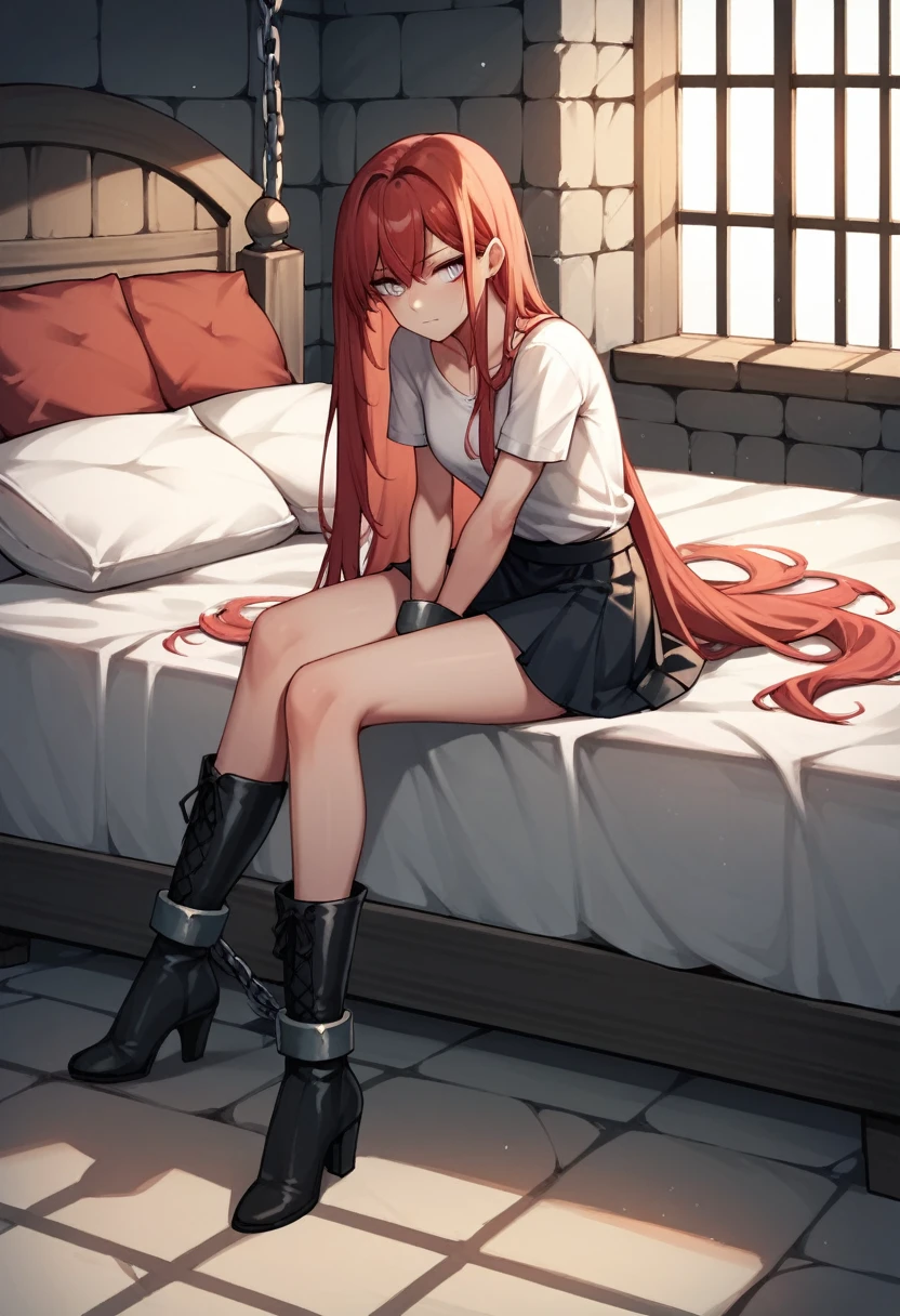 score_9, score_8_up, score_7_up, score_6_up, score_5_up, score_4_up, source_anime, 1girl,bed,sit, red hair, white eyes, w-w-chain, shackles,crossed hands,put on wrists,skinny legs, long hair, shirt, skirt,black high boots, dungeon, best quality, best res, 4K UHD,