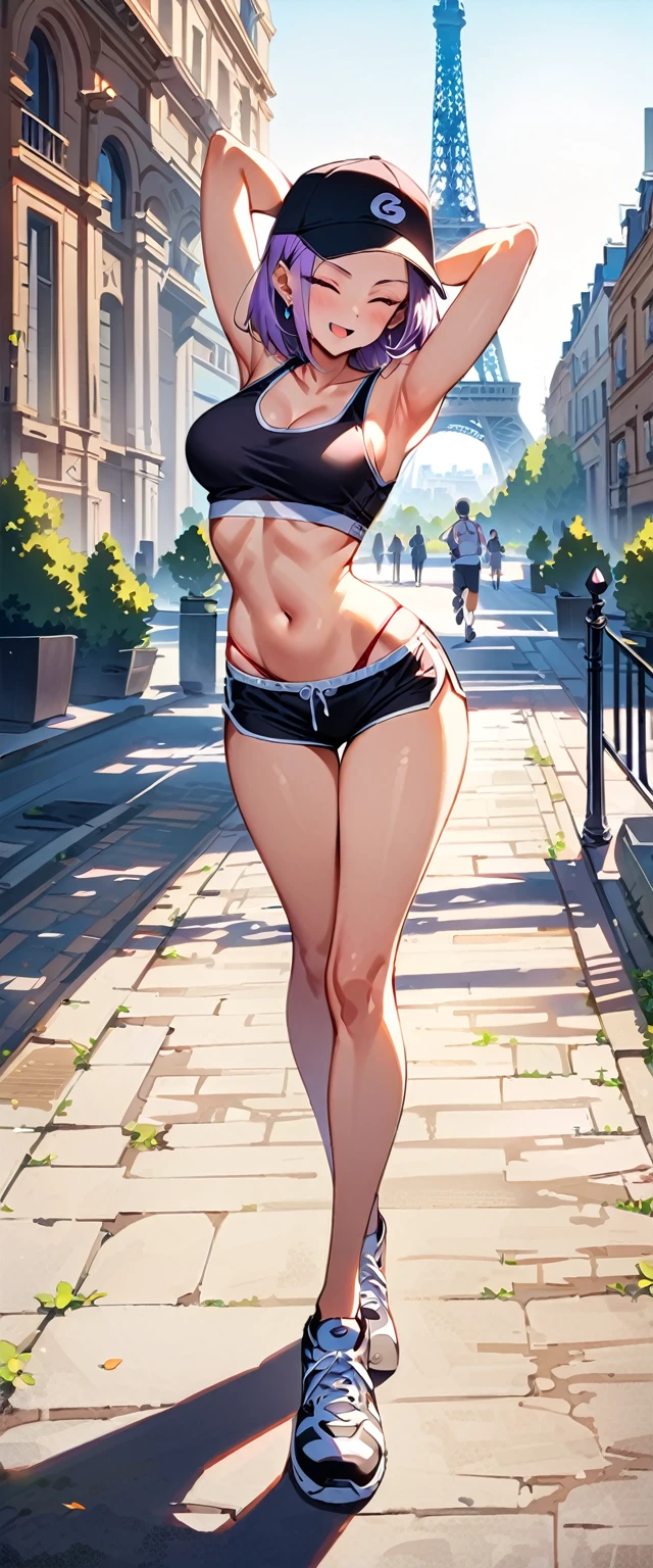 (masterpiece, best quality:1.2), solo, Android 18 from Dragon Ball, ((crop sport bra)), (short dolphin shorts), medium breasts, short purple hair loose, ((close eyes)), earrings on earlobes, slender feminine figure, narrow waistline, skinny body, (plane black cap), (cap without logo), sky, head tilt, looking at viewer, light blush, shot from behind, looking back, back view, beautiful armpits, arms up, walking, the Eiffel Tower, outside, natural lighting and shadows, magnificent view, blur background, 4K, open mouth, smile, full body, red string panties,