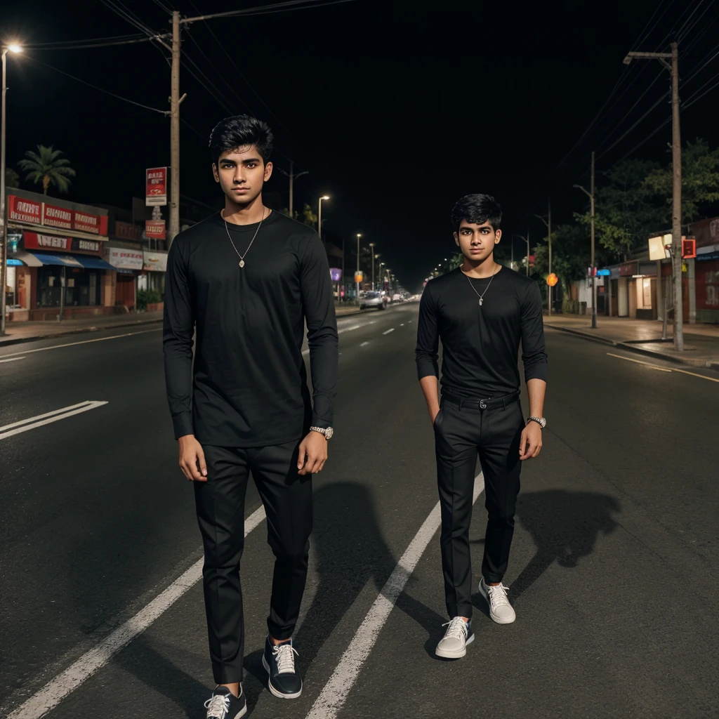 Indian boy 20 years old no beard black shirt black pants Balck shoes realistic photo hd night fogy road boy hight 5.8 orginal photo