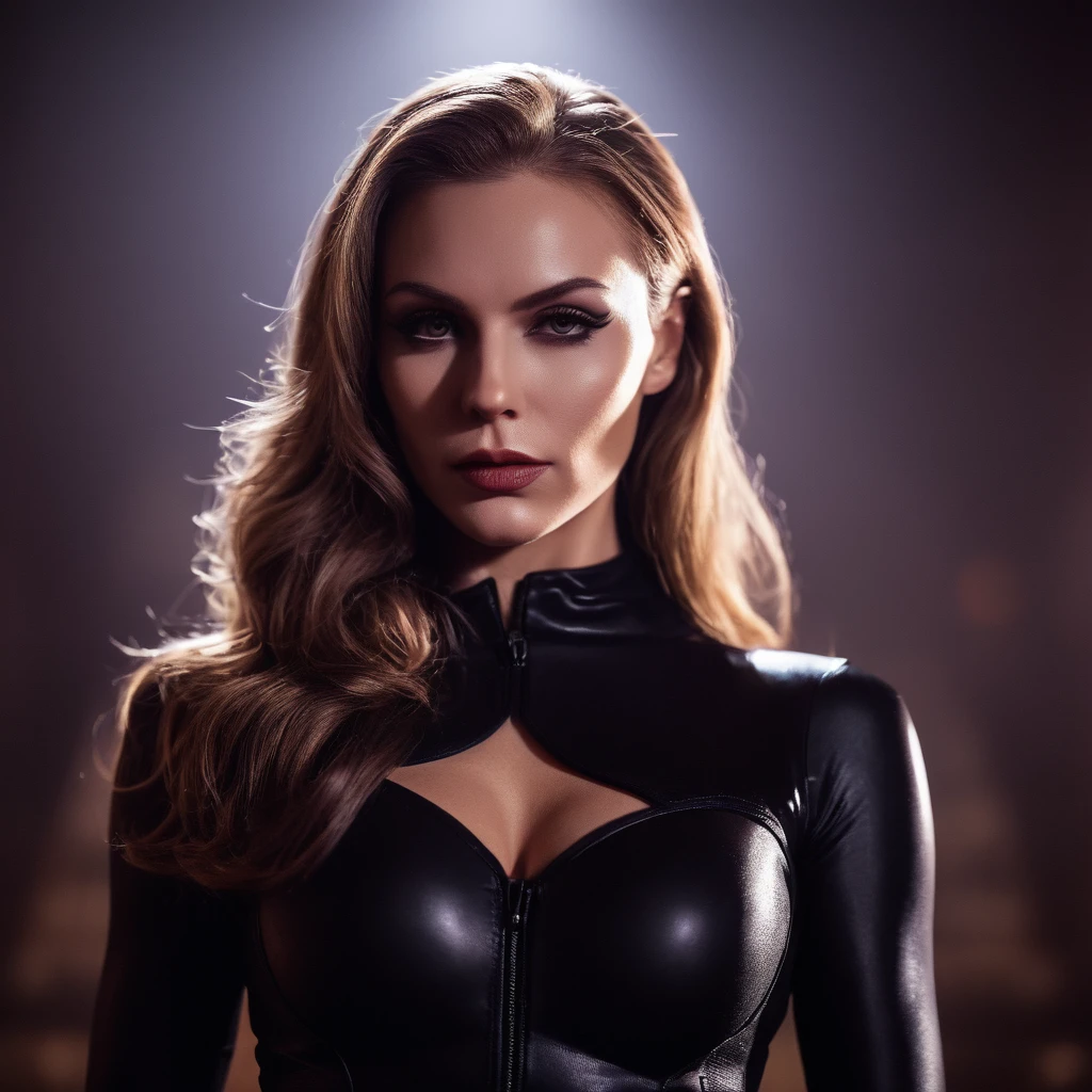 beautiful evil slavic muscular woman, pale skin, long dark blond hair, Photo, Halloween Skin - Catwoman, in club, velvet black suit, whole body, Sharp Focus, dynamic sexy pose, helios 44-2, swirling bokeh, Sharp Focus, Студийное Photo, complex parts, high detail, sharpness, character portrait, perfect lighting, masterpiece, Detailed backstory, Cinematic lighting, 8 k, ultra detailed, hyperrealism, masterpiece, perfectly focused, f/22, symmetry and balance, artistic, infrared photography, outstanding details,