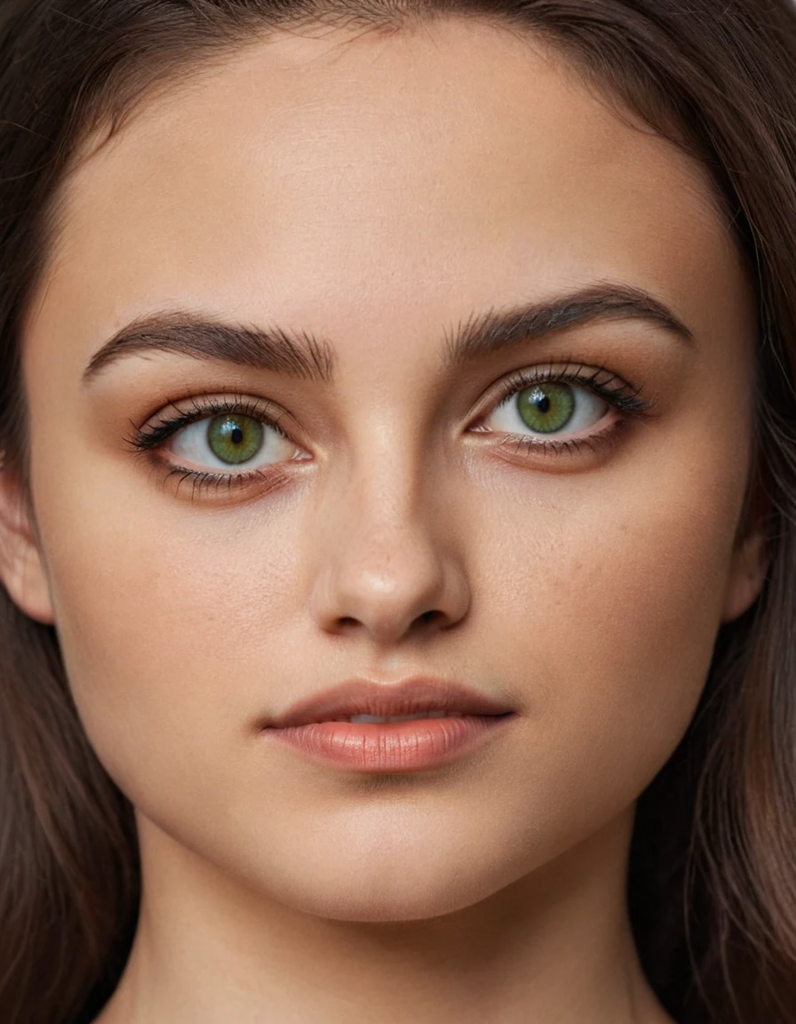 girl with hourglass figure, 70% difference from the waist. brunette, long hair, well-groomed 25 years old. ultra textured light skin with beautiful retouching. natural,big green eyes with brown color at the pupil. slit with fox effect. looks directly into the camera. confident underdog.