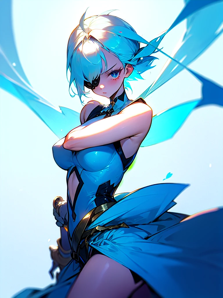 Young girl, light blue hair, light hair hair, sharp eyes, light blue eyes, sleeveless combat dress, bow, serious look, masterpiece, high quality, fantasy eyepatch, unique eyepatch, short hair, short hair