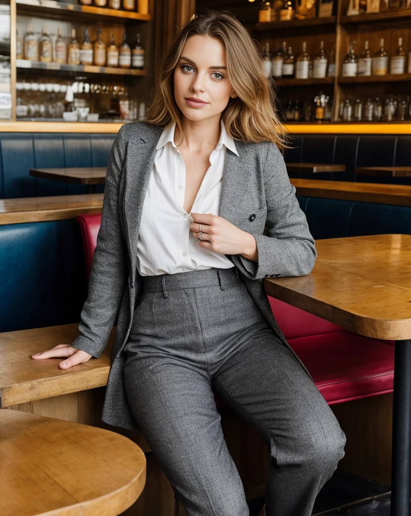 Photo de la belle Lika Red dans une tenue stéréotypée de femme française, elle est assise dans un café parisien alors qu&#39;il pleut dehors, seulement, yeux marrons, Beaux yeux, cheveux mi-longs ondulés noir, peau brillante, décolleté ample, Ambiance chaleureuse, Photographier, Séance photo, Capturé par l&#39;appareil photo Panavision Panaflex Platinum avec objectif sphérique Panavision Primo Primes 75 mm T1.9