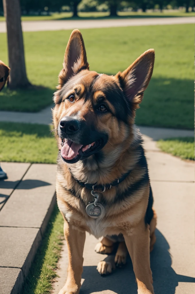 A dog , German Shepherd, smiling, and a park with some people