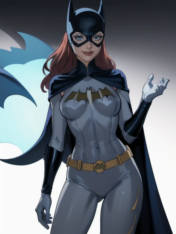 BarbaraG, 1girl, solo, blue cape, blue cloak, blue mask, belt, white gloves, blue eyes, superhero, long hair, grey bodysuit, lipstick, batgirl, park, smile,  under her shoulders