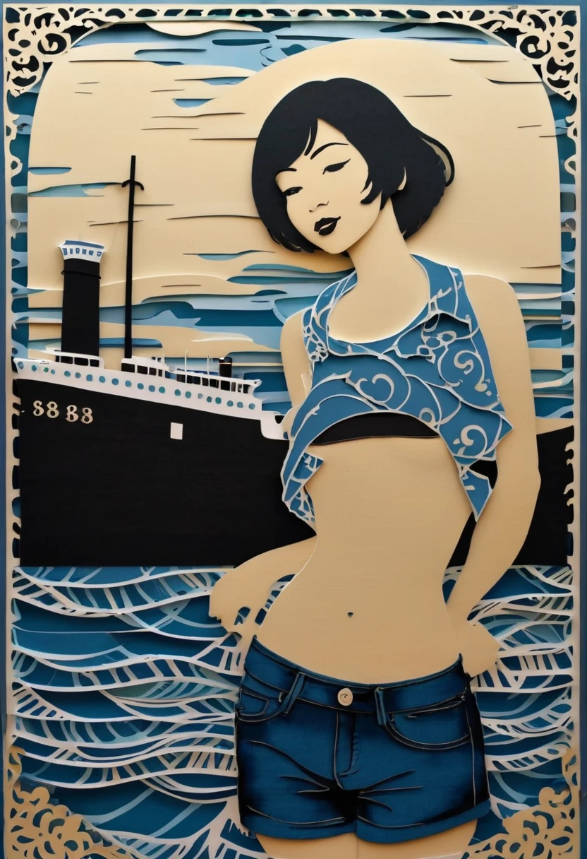 (((paper cutting style))), 1 girl, short black hair, cap, shirts and denim, portfolio, harbor and ship, (topless:1.5), (small breasts:1.4),