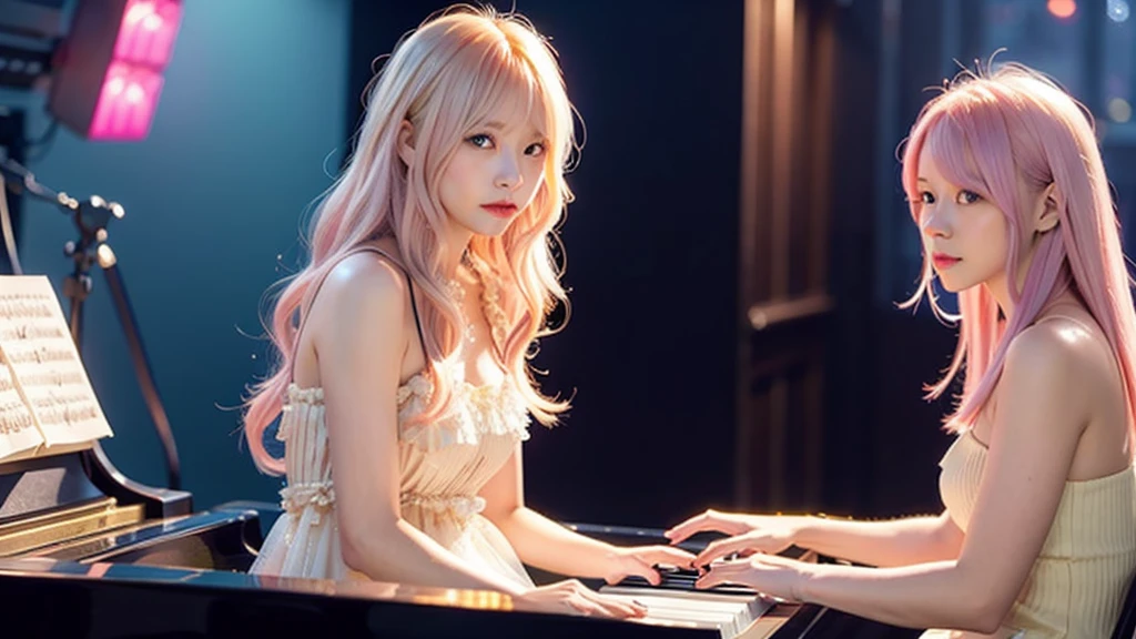 playing piano.Ai Hoshino, beige pink hair, Blue Hair,Long Hair, favorite , Beautiful, shining eyes, Stars in my eyes, Idol,Long pink hair