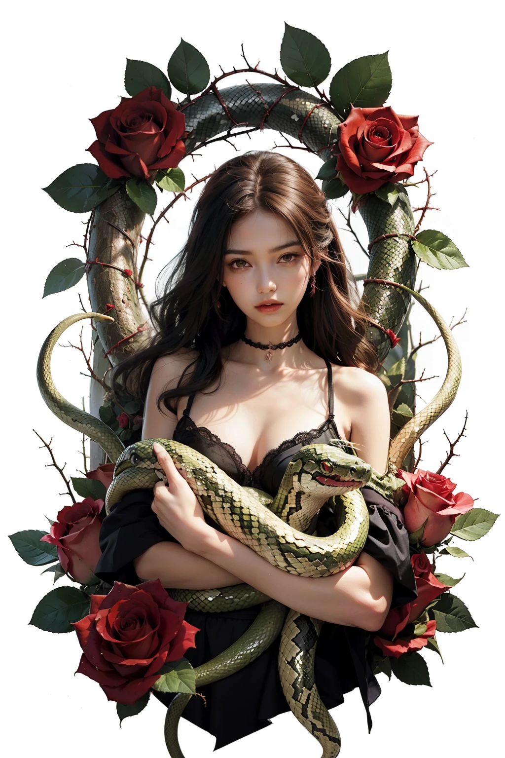 A few small snakes engulfing a bunch of roses, the thorns of roses hurts the snakes, all the roses are damaged, snakes are bleeding from being cut by rose thorns, poison on roses, best quality, ethereal, snakes looks real, illustration, the snakes chokes the roses, thorns highly visible, details