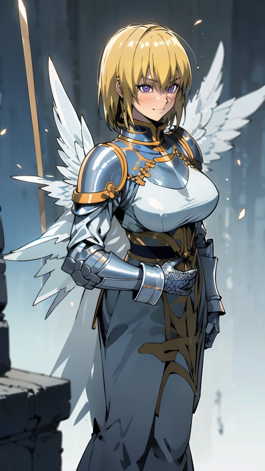 woman in her 20s、1 person、Angelic、There are large white wings on the back、Has 6 wings、Swan wings、With a round face、round chin、Close-up of a woman in armor holding a sword, Armor girl, female knight, big and full breasts、full armor, full armor, gorgeous female paladin, female knight, of a Beautiful female knight, Beautiful armor, Plump、thick waist、wide waist、full armor, armor、Gorgeous full-body armor, Amazing armor, Trending on Art Station Pixiv, Beautiful female knight、has a large sword、Great Sword of Steel、happy look、looking here、Look at me、Lakeside、white military flags lined up, There is a large army behind us far away.、With forest and mountains in the background、black string、Black pattern,kurapika, bob hair, blonde hair, (long tits:1.1), (huge tits:1.1), (saggy tits:1.2), (BIG ASS:1.2)
