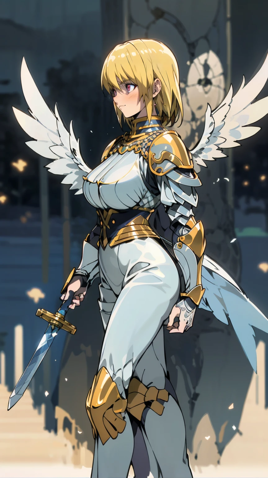 woman in her 20s、1 person、Angelic、There are large white wings on the back、Has 6 wings、Swan wings、With a round face、round chin、Close-up of a woman in armor holding a sword, Armor girl, female knight, big and full breasts、full armor, full armor, gorgeous female paladin, female knight, of a Beautiful female knight, Beautiful armor, Plump、thick waist、wide waist、full armor, armor、Gorgeous full-body armor, Amazing armor, Trending on Art Station Pixiv, Beautiful female knight、has a large sword、Great Sword of Steel、happy look、looking here、Look at me、Lakeside、white military flags lined up, There is a large army behind us far away.、With forest and mountains in the background、black string、Black pattern,kurapika, bob hair, blonde hair, (long tits:1.1), (huge tits:1.1), (saggy tits:1.2), (BIG ASS:1.2)
