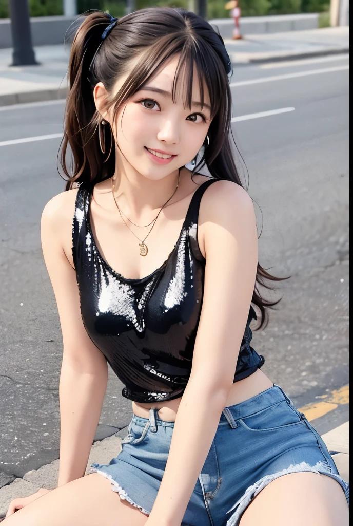 (Highest quality,masterpiece:1.3,Ultra-high resolution),(Very detailedな、Caustics) (Photorealistic:1.4, RAW shooting、)Ultra-Realistic Capture、Very detailed、Natural skin texture、masterpiece、(Sequin tank top and short denim pants:1.3)、1 Japanese girl、Adorable expression、Expressions of Happiness、14 years old、Young Face、Surprisingly cute、Twin tails、Curly Hair、Black Hair、Scrunchie、Earrings、necklace、light makeup、A big bust that seems to burst、This photo was taken on a busy street at night..、Shining thighs、Sit on a bench on the sidewalk、Shooting from the side、smile、An inviting gaze、