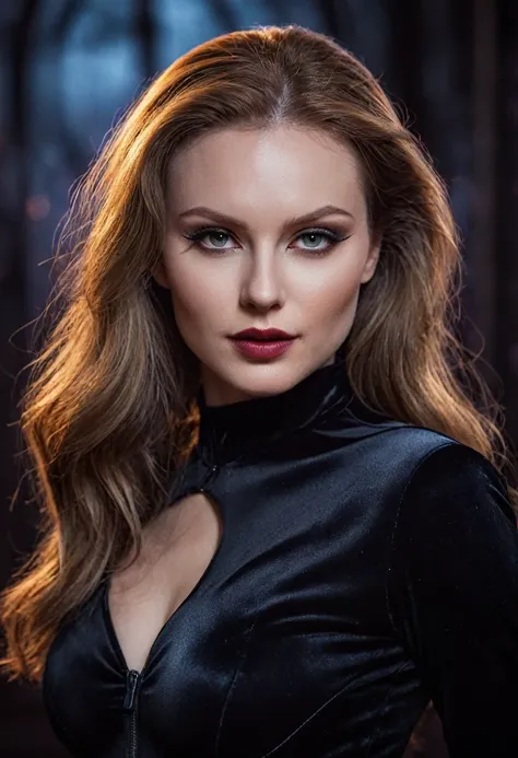 beautiful evil slavic woman, pale skin, long dark blond hair, photo, halloween skin - catwoman, in club, velvet black suit, whol...