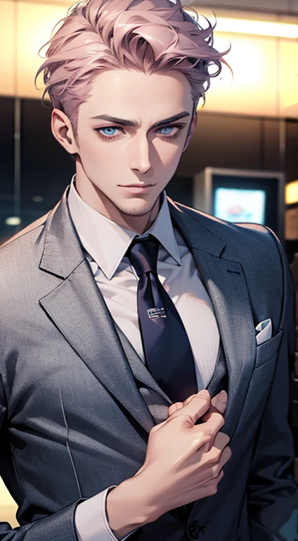 (best quality,4k,8k,highres,masterpiece:1.2),ultra-detailed,(realistic,photorealistic,photo-realistic:1.37),1 man,31 years old,mature man,very handsome,without expression,smile,short grey pink hair,blue eyes,penetrating gaze,perfect face without errors,imposing posture,businessman,office background,cinematic lighting,hdr image