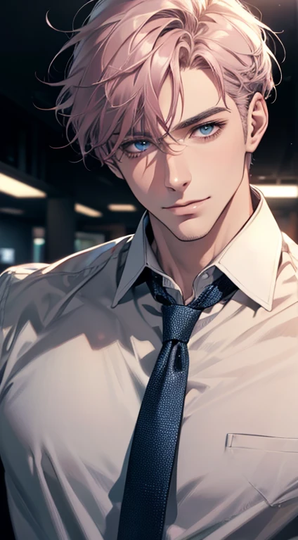 (best quality,4k,8k,highres,masterpiece:1.2),ultra-detailed,(realistic,photorealistic,photo-realistic:1.37),1 man,31 years old,mature man,very handsome,without expression,smile,short grey pink hair,blue eyes,penetrating gaze,perfect face without errors,imposing posture,businessman,office background,cinematic lighting,hdr image