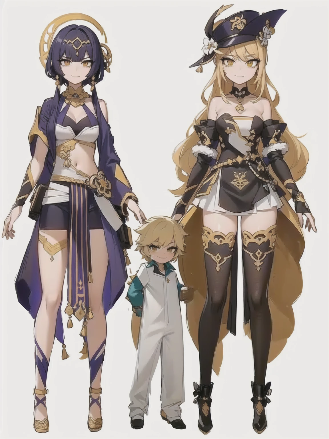 Genshin Impact's Candace and Navia who are wives of boy looking at camera, seductive smiles, portrait, various hair