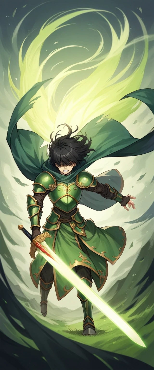 anime, 1other, solo, armor, black hair, breastplate, faulds, floating hair, glowing, glowing sword, glowing weapon, green armor, hair over eyes, pauldrons, shoulder armor, sword, teeth, weapon, wind, wind lift, yellow eyes, cloak, masterpiece, best quality