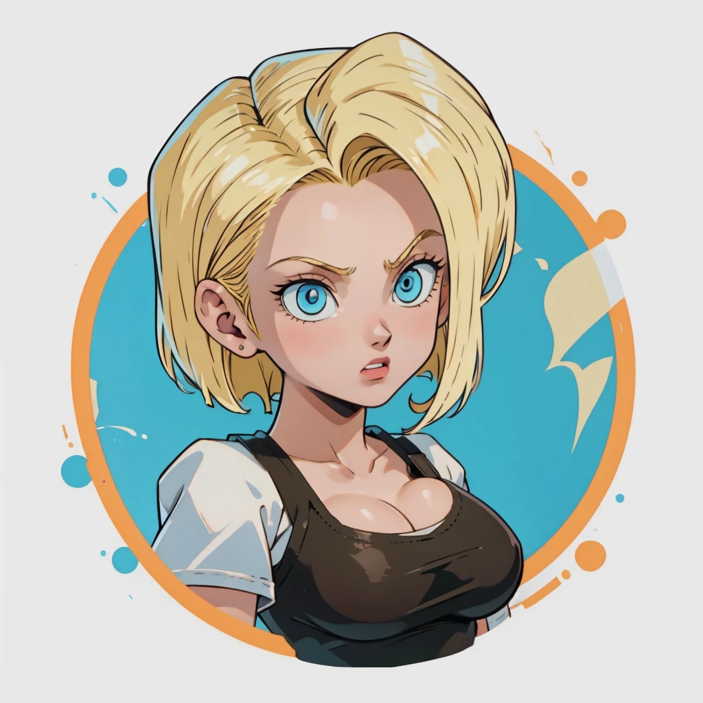 ((1girl,  android 18 , blonde hair, short hair, blue eyes, 1girl, white background, blonde hair, white shirt, angry eyes)), upper body, anatomically correct, short hair, chibi, simple background, cleavage, looking at the viewer, 