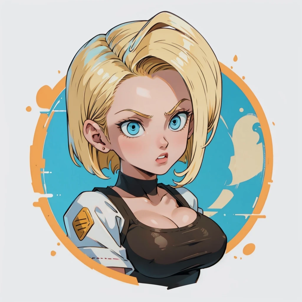 ((1girl,  android 18 , blonde hair, short hair, blue eyes, 1girl, white background, blonde hair, white shirt, angry eyes)), upper body, anatomically correct, short hair, chibi, simple background, cleavage, looking at the viewer, 