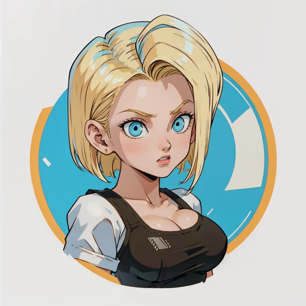 ((1girl,  android 18 , blonde hair, short hair, blue eyes, 1girl, white background, blonde hair, white shirt, angry eyes)), upper body, anatomically correct, short hair, chibi, simple background, cleavage, looking at the viewer, 