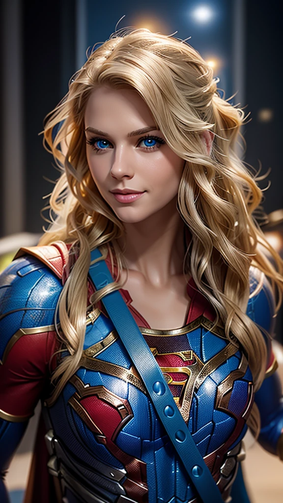 The character Supergirl, perfect costume, shiny blue eyes, extremely beautiful blond hair, beautiful smile , perfect ??????? and extremely beautiful face 