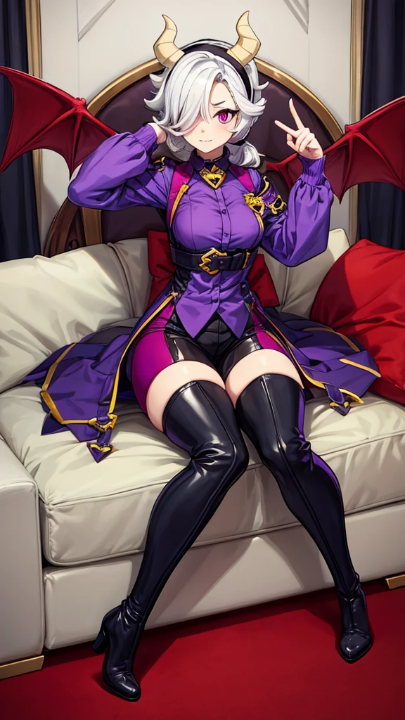 score_9, score_8_up, score_7_up, score_6_up, score_5_up, score_4_up, source_anime , colettetrixie, red skin, sharp teeth, hair over one eye, hairband, demon horns, colored sclera, purple shirt, purple shorts, demon wings, thigh high boots, black boots, heels, skinny legs, worth, room, sofa,