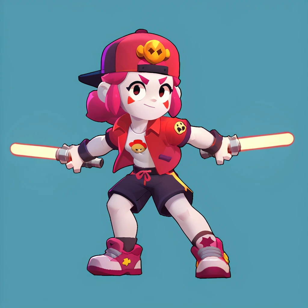 full view of a teenager, with a cap, with a lightsaber, dressed in a red top and black shorts, pink bassquette, white skin color, brawl stars, brawl