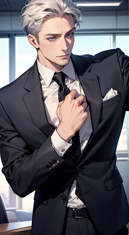 (best quality,4k,8k,highres,masterpiece:1.2),ultra-detailed,(realistic,photorealistic,photo-realistic:1.37),1 man,31 years old,mature man,very handsome,without expression,smile,short silver hair,blue eyes,penetrating gaze,perfect face without errors,imposing posture,businessman,office background,cinematic lighting,hdr image