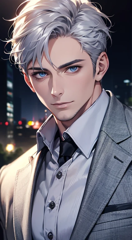 (best quality,4k,8k,highres,masterpiece:1.2),ultra-detailed,(realistic,photorealistic,photo-realistic:1.37),1 man,31 years old,mature man,very handsome,without expression,smile,short silver hair,blue eyes,penetrating gaze,perfect face without errors,imposing posture,businessman,office background,cinematic lighting,hdr image