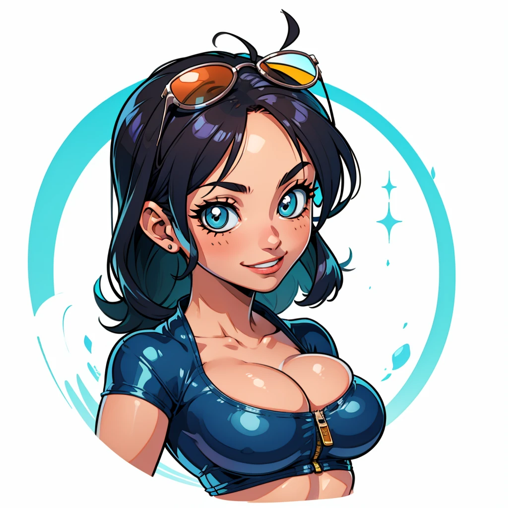 ((1girl, nico robin, nico robin from one piece, 1girl, white background, crop top, midriff, navel, sarong, eyewear on head, zipper, Partially unzipped)), upper body, anatomically correct, chibi, simple background, smile, , looking at the viewer, large hair
