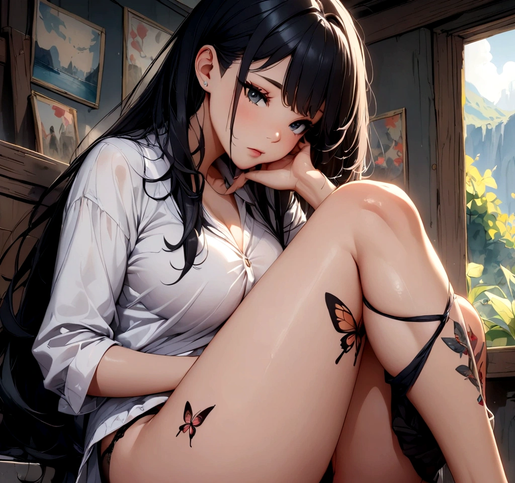 beautiful girl, long black hair, slightly open white shirt, black panties with butterfly motif, tattoo on left leg,  
