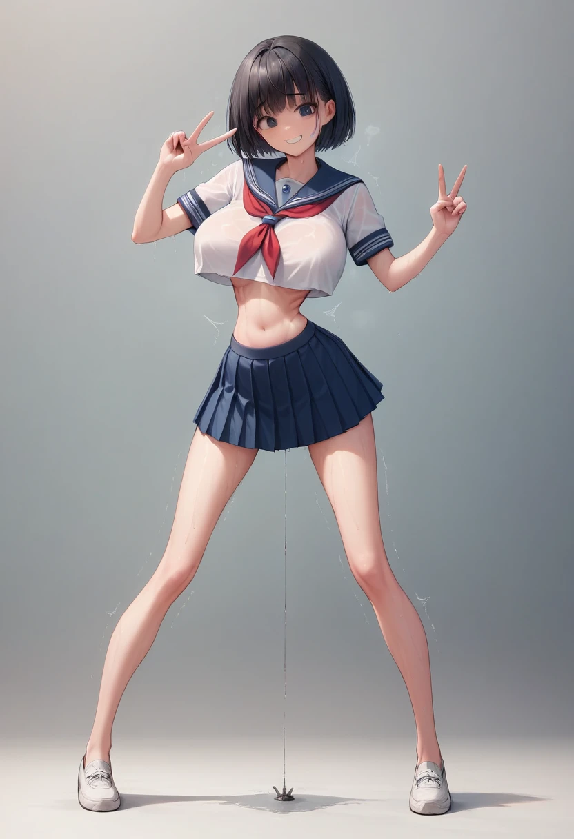 (masterpiece, best quality:1.2), front shot, beautiful 1girl, (super big breasts, micro waist:1.3), (very long legs:1.4), Black hair, short bob hair, short height, scrawny and thin body, (Concave belly:1.3), Light Skin, cute big eyes, cute beautiful thin face, forced smile, Modest, serafuku, mini skirt, pigeon-toed, (Arched back), wet and sweaty, (visible ribs), Long and thin navel, V sign, Trembling