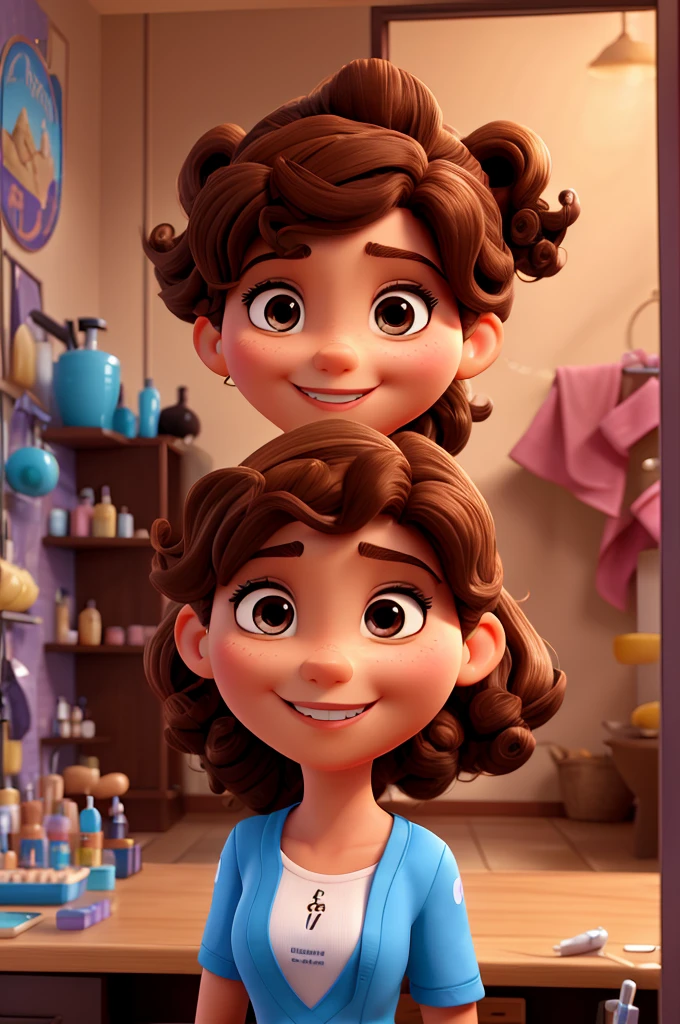 3D poster inspired by Disney Pixar, with An elegant woman, beautician, 35 years old, brown eyes and curly brown hair, happy smile, In beautician scrubs, she is using her cell phone