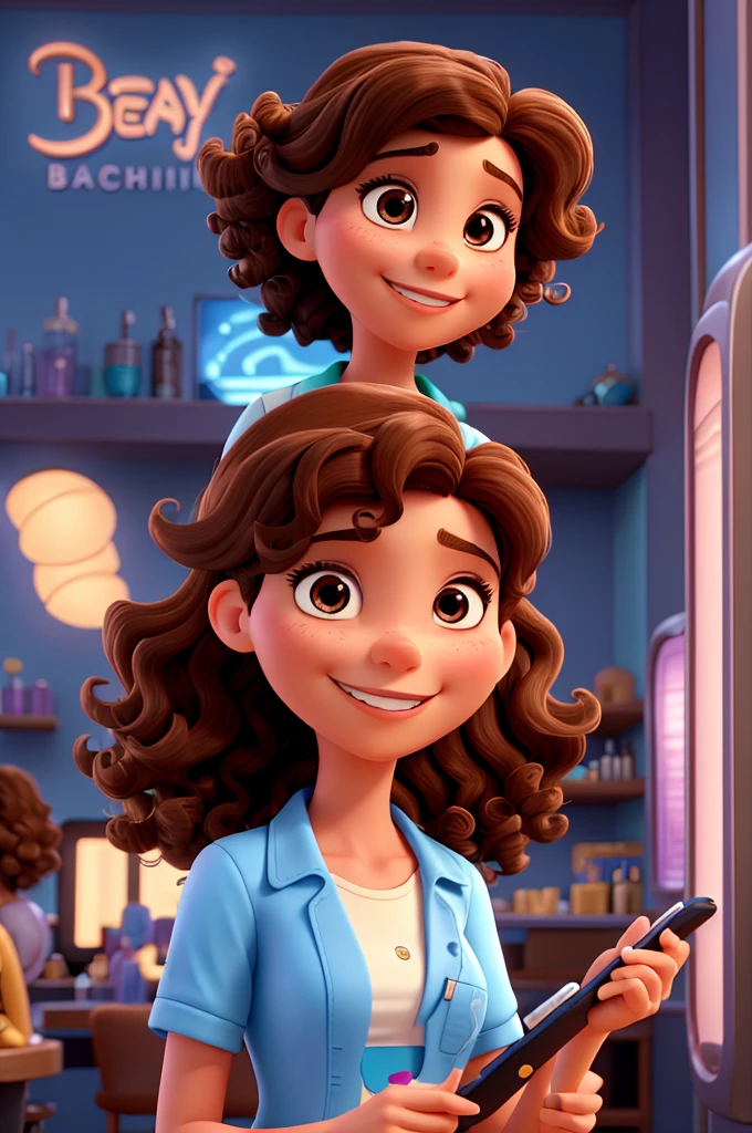 3D poster inspired by Disney Pixar, with An elegant woman, beautician, 35 years old, brown eyes and curly brown hair, happy smile, In beautician scrubs, she is using her cell phone