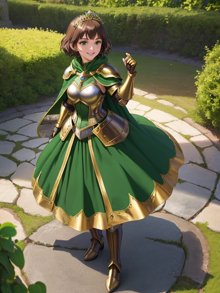 masterpiece, best quality:1.2), 1girl, smile, looking at viewer, green eyes, short brown hair, princess, armor, , pauldrons, armored dress, green cloak cape, wearing puffy blue ballgown skirt, golden tiara with green gem, armored boots, fingerless gloves, standing in medieval garden