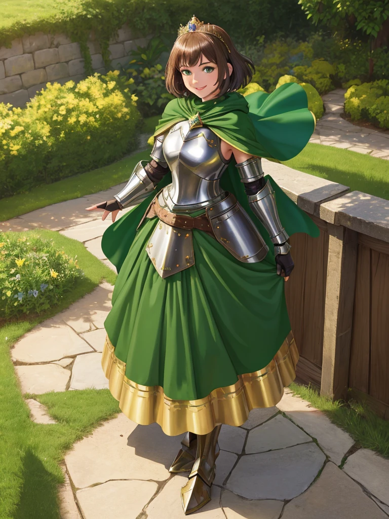 masterpiece, best quality:1.2), 1girl, smile, looking at viewer, green eyes, short brown hair, princess, armor, , pauldrons, armored dress, green cloak cape, wearing puffy blue ballgown skirt, golden tiara with green gem, armored boots, fingerless gloves, standing in medieval garden