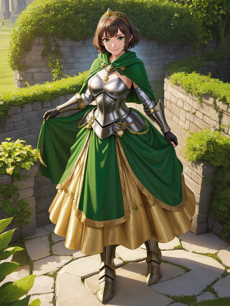 masterpiece, best quality:1.2), 1girl, smile, looking at viewer, green eyes, short brown hair, princess, armor, , pauldrons, armored dress, green cloak cape, wearing puffy blue ballgown skirt, golden tiara with green gem, armored boots, fingerless gloves, standing in medieval garden