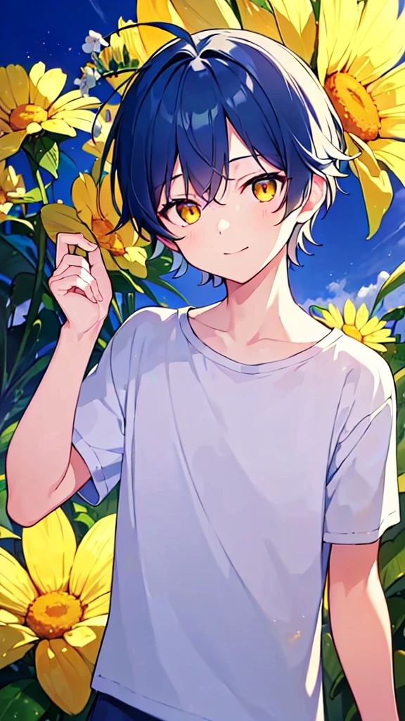 [(SUMMER night BACKGROUND:1.5),::5], ((((masterpiece)))), high quality, very_high_resolution, large_filesize, upper body, full color, ((Solo)), ((little boy)), 13 old year, men's short deepblue hair, vivid color, ((yellow eye)), Summer clothes white, animestyle, light smile