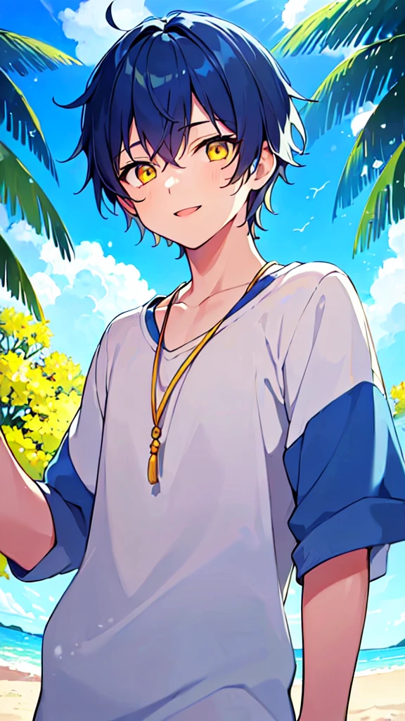 [(SUMMER night BACKGROUND:1.5),::5], ((((masterpiece)))), high quality, very_high_resolution, large_filesize, upper body, full color, ((Solo)), (( boy)), 13 olds short deepblue hair, vivid color, ((yellow eye)), Summer clothes white, animestyle, light smile